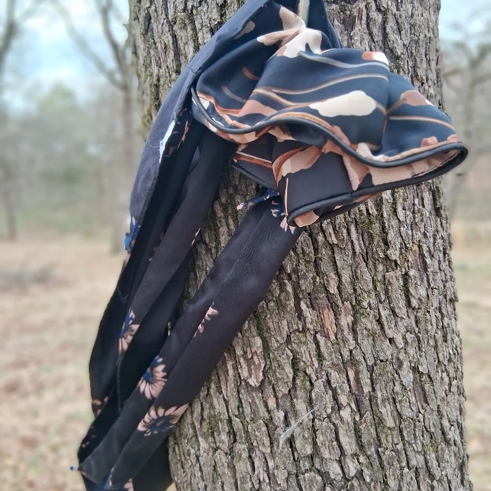 Black and Tan Floral Scarf And Hair Tie